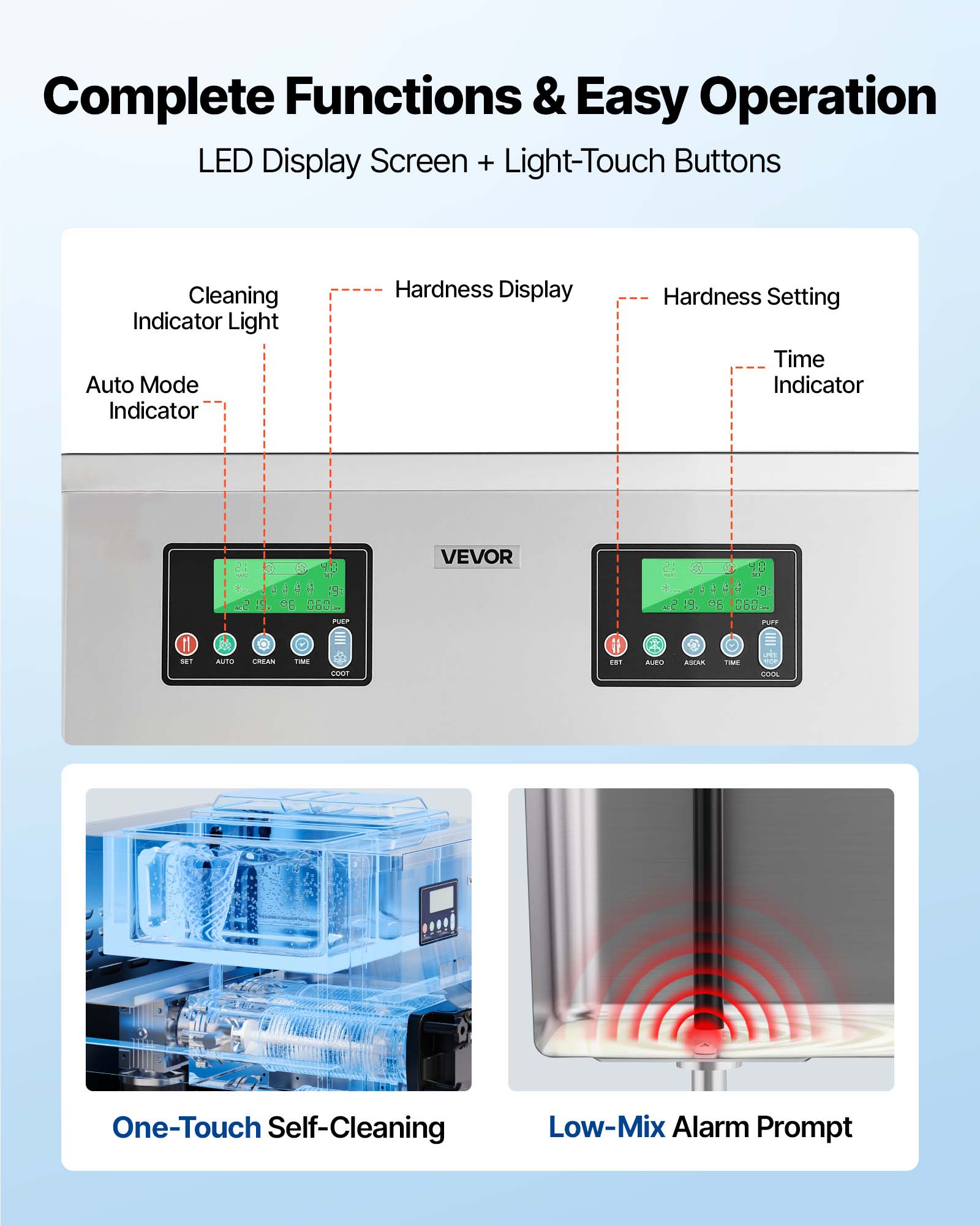Complete Functions & Easy Operation LED Display Screen + Light-Touch Buttons

Cleaning Indicator Light
Auto Mode Indicator
Hardness Display
Hardness Setting
Time Indicator

VEVOR

One-Touch Self-Cleaning
Low-Mix Alarm Prompt