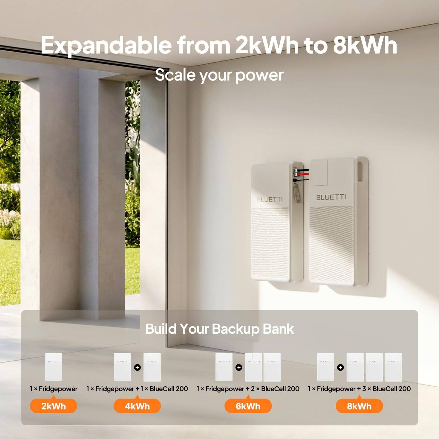 Expandable from 2kWh to 8kWh  
Scale your power  

BLUETTI  
BLUETTI  

Build Your Backup Bank  

1 x Fridgpower  
1 x Fridgpower + 1 x BlueCell 200  
1 x Fridgpower + 2 x BlueCell 200  
1 x Fridgpower + 3 x BlueCell 200  

2kWh  
4kWh  
6kWh  
8kWh