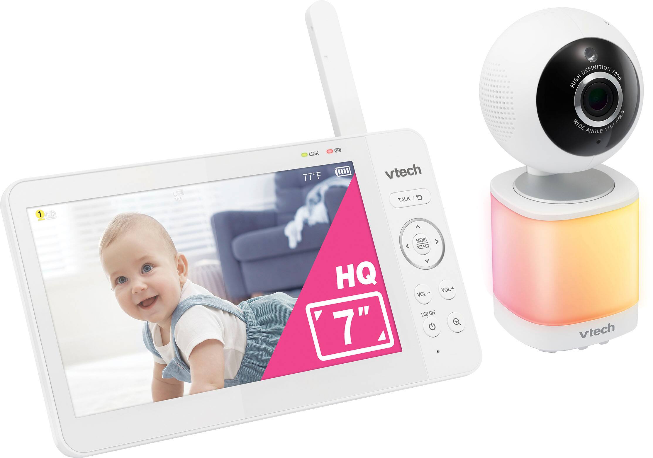 The text on the image reads: "120p high p/2.3 wide angle 110 link 77F to III vtech TALK: 1 HQ 7" men select VOL+ VOL LCO OFF vtech."