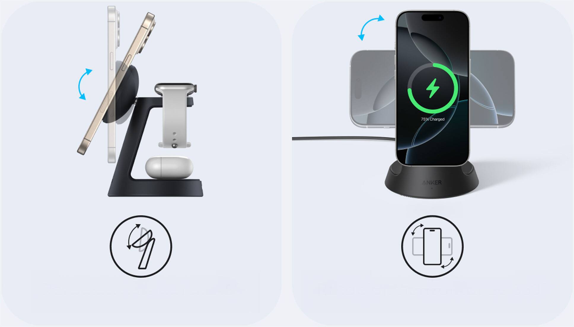 The image features a smartphone that is 75% charged, and it is placed on a charging stand. The charging stand is connected to a computer, and there is a mouse nearby. The image also shows a cell phone charger, which is likely used to charge the smartphone.