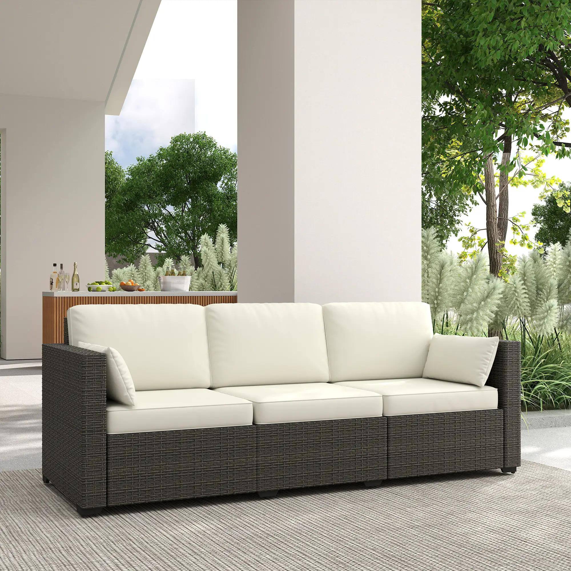 Alt View 4. Spaco - Spaco 3 Seater Patio Sofa, Deep Seating PE Rattan, All Weather Cushions - White.