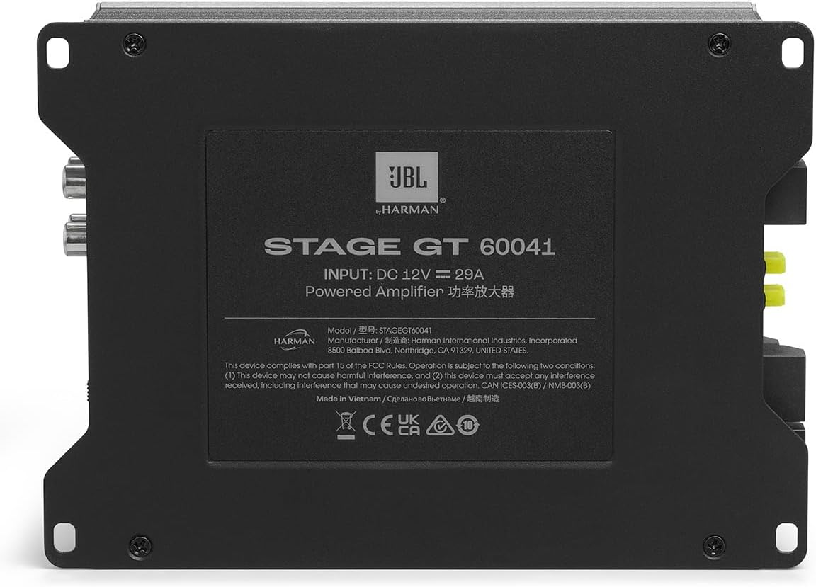 JBL by HARMAN  
STAGE GT 60041  
INPUT: DC 12V = 29A  
Powered Amplifier 功率放大器  

Model/型号: STAGEGT60041  
Manufacturer/制造商: Harman International Industries, Incorporated  
8500 Balboa Blvd., Northridge, CA 91329, UNITED STATES  

This device complies with part 15 of the FCC Rules. Operation is subject to the following two conditions:  
(1) This device may not cause harmful interference.  
(2) This device must accept any interference received, including interference that may cause undesired operation.  
CAN ICES-003(B) / NMB-003(B)  

Made in Vietnam / ผลิตในเวียดนาม  

CE CA 10