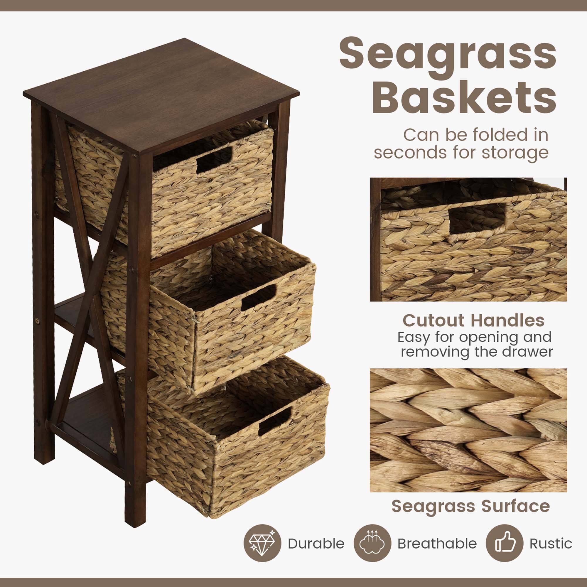 Seagrass Baskets  
Can be folded in seconds for storage  

Cutout Handles  
Easy for opening and removing the drawer  

Seagrass Surface  
Durable  
Breathable  
Rustic