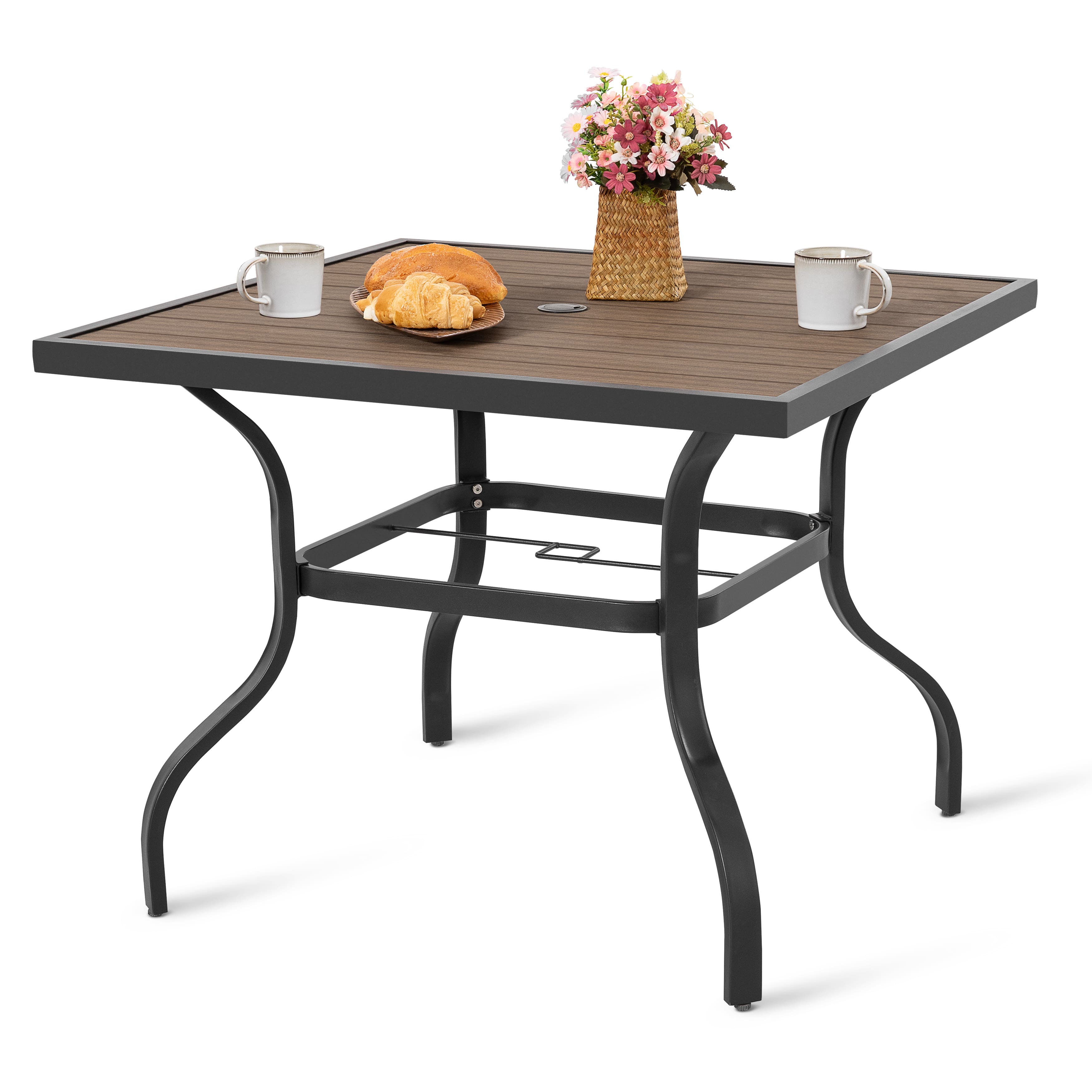 Nuu Garden - Outdoor 37" Square Metal Dining Table with 1.6'' Umbrella Hole, Powder-Coated Frame, Faux Wood Tabletop - Black and wood-grain finish