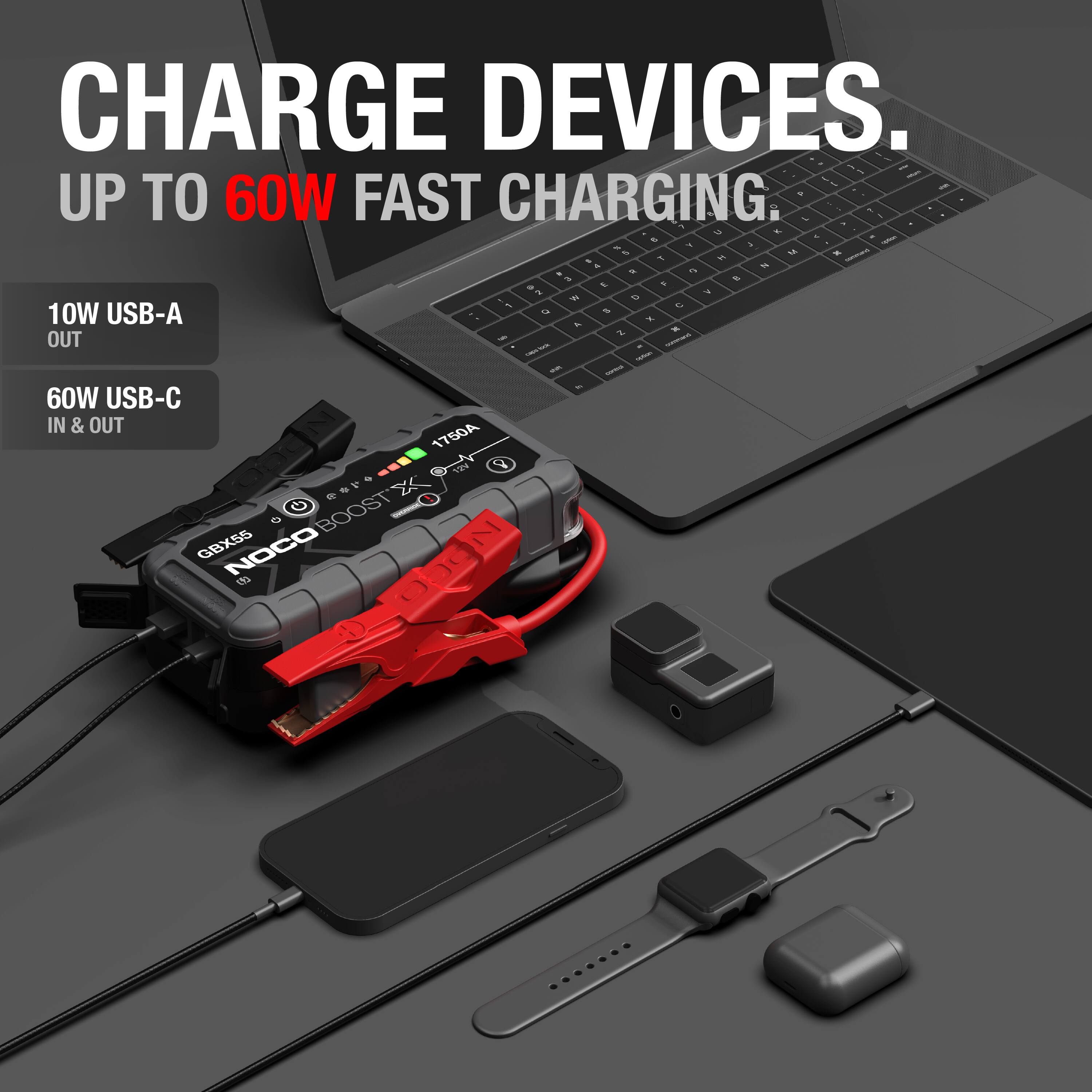 CHARGE DEVICES.  
UP TO 60W FAST CHARGING.

10W USB-A OUT  
60W USB-C IN & OUT