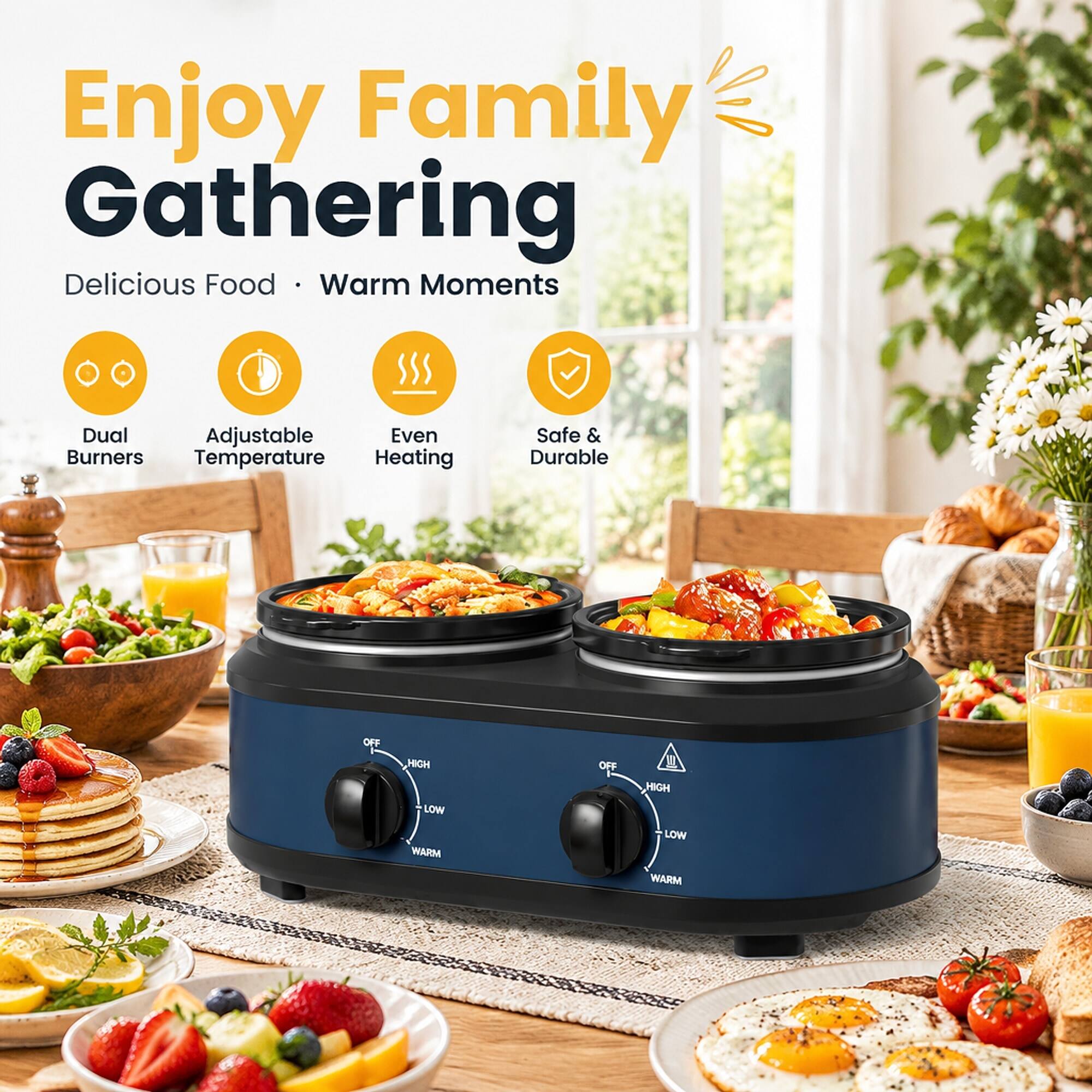 Enjoy Family Gathering Delicious Food Warm Moments

Dual Adjustable Even Burners Temperature Heating

Safe & Durable

OFF HIGH LOW WARM

OFF HIGH LOW WARM