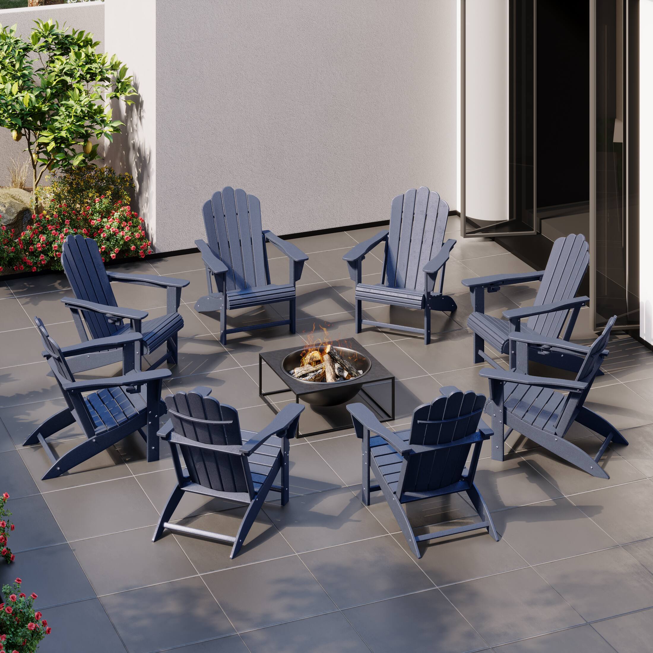 Angle. WestinTrends - WestinTrends Highland Outdoor Patio HDPE Adirondack Chairs With Cup Holders (Set of 8) - Navy Blue.