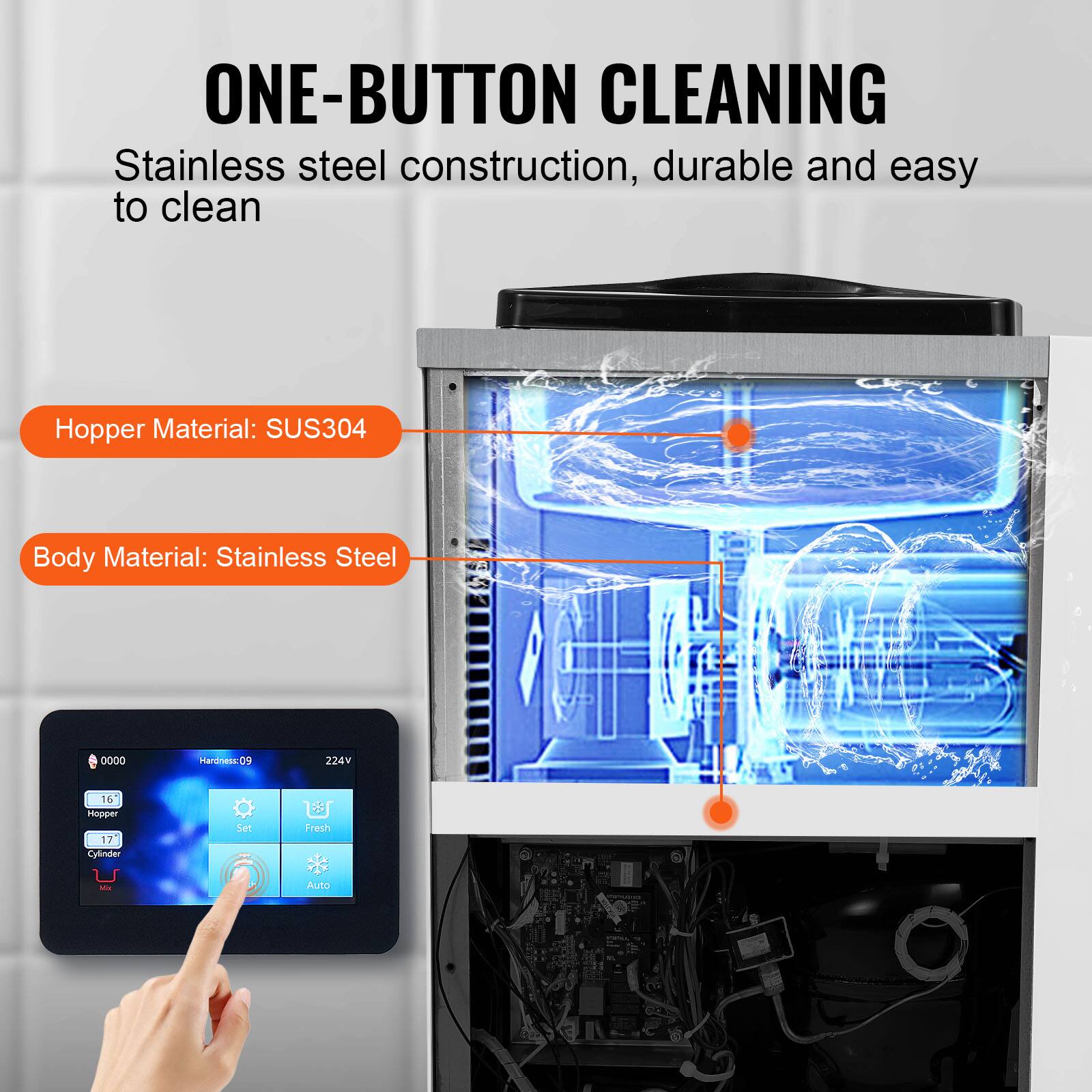 ONE-BUTTON CLEANING  
Stainless steel construction, durable and easy to clean

Hopper Material: SUS304  
Body Material: Stainless Steel

0000  
Hardness: 09  
224V  
16 Hopper 17 Cylinder  
Set  
Fresh  
Auto