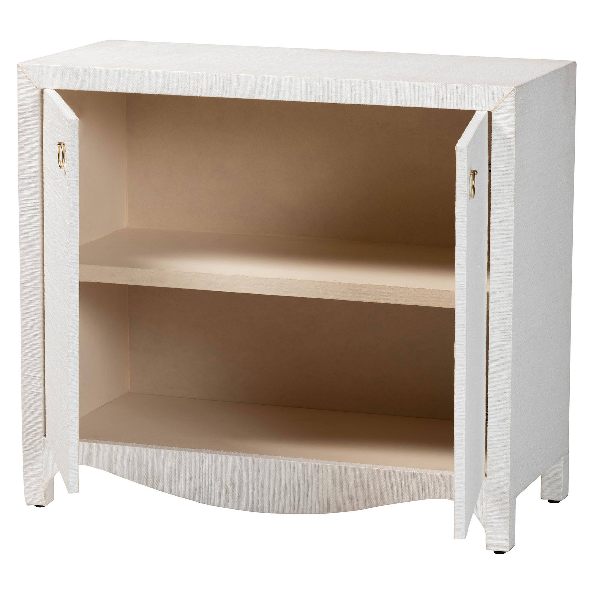 Angle. bali & pari - Ximena Grasscloth Storage Cabinet - 2-Door Woven Accent Cabinet with Gold Ring Pulls for Living Room or Entryway - White/Gold.