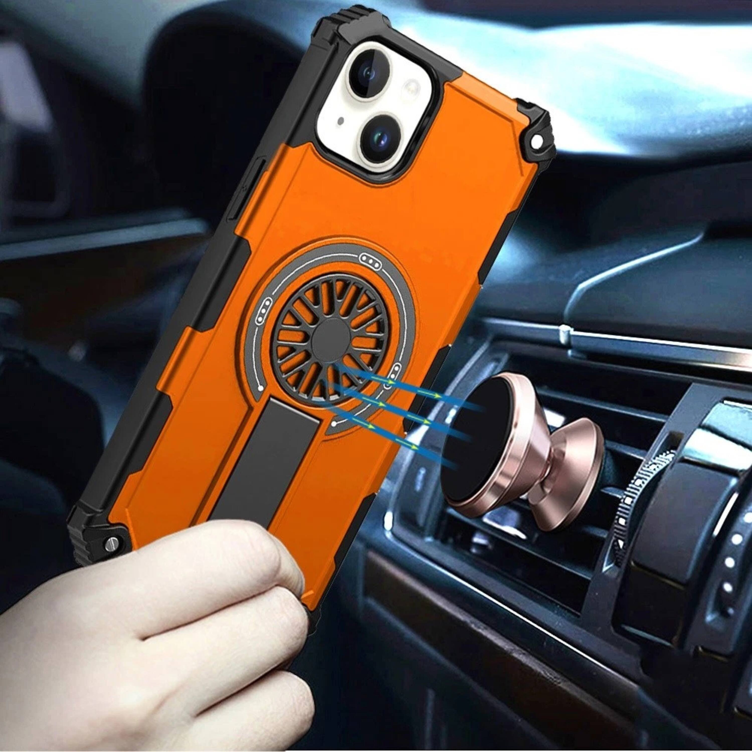 Left. Kitcheniva - Rugged Magnetic Circle Pop-Out Stand Phone Case With 2 Pcs Tempered Glass For iPhone 15 Plus - Orange.