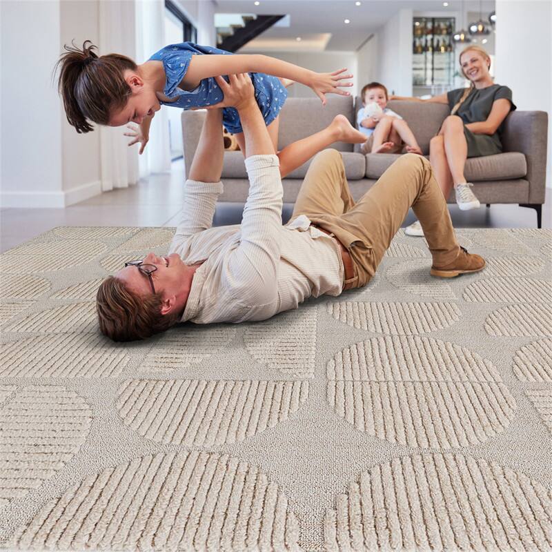 Alt View 1. HTUTWOO - High-Low Indoor Area Rug - 5'3''x7'6'' Geometric Non-Shedding Carpet, Bohemian Style, Living Room Bedroom Kitchen - Beige.