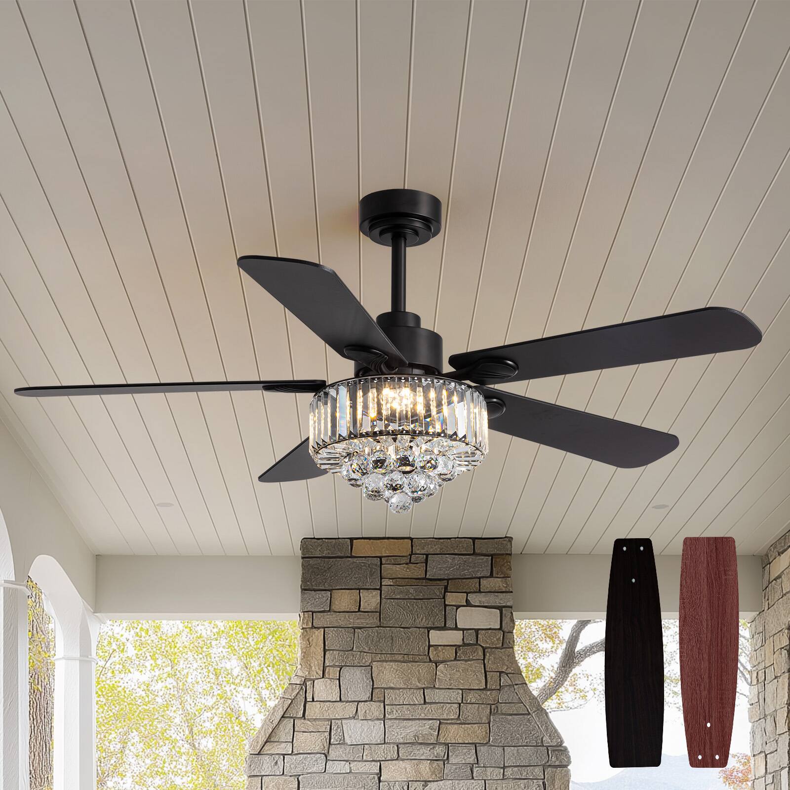 Angle. Siljoy - 52 Inch Crystal Chandelier Ceiling Fan with Lights Remote Elegant Design 5 Blades Included for Bedroom Living Room - Black.