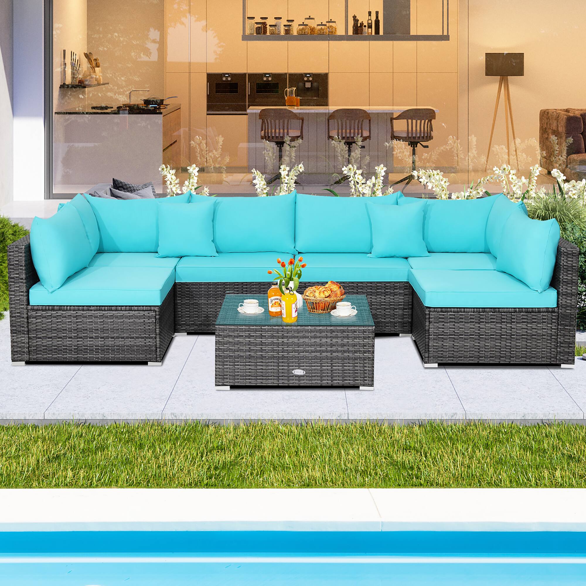 Alt View 1. Costway - 7PCS Patio Rattan Furniture Set Sectional Sofa Cushioned - Turquoise.