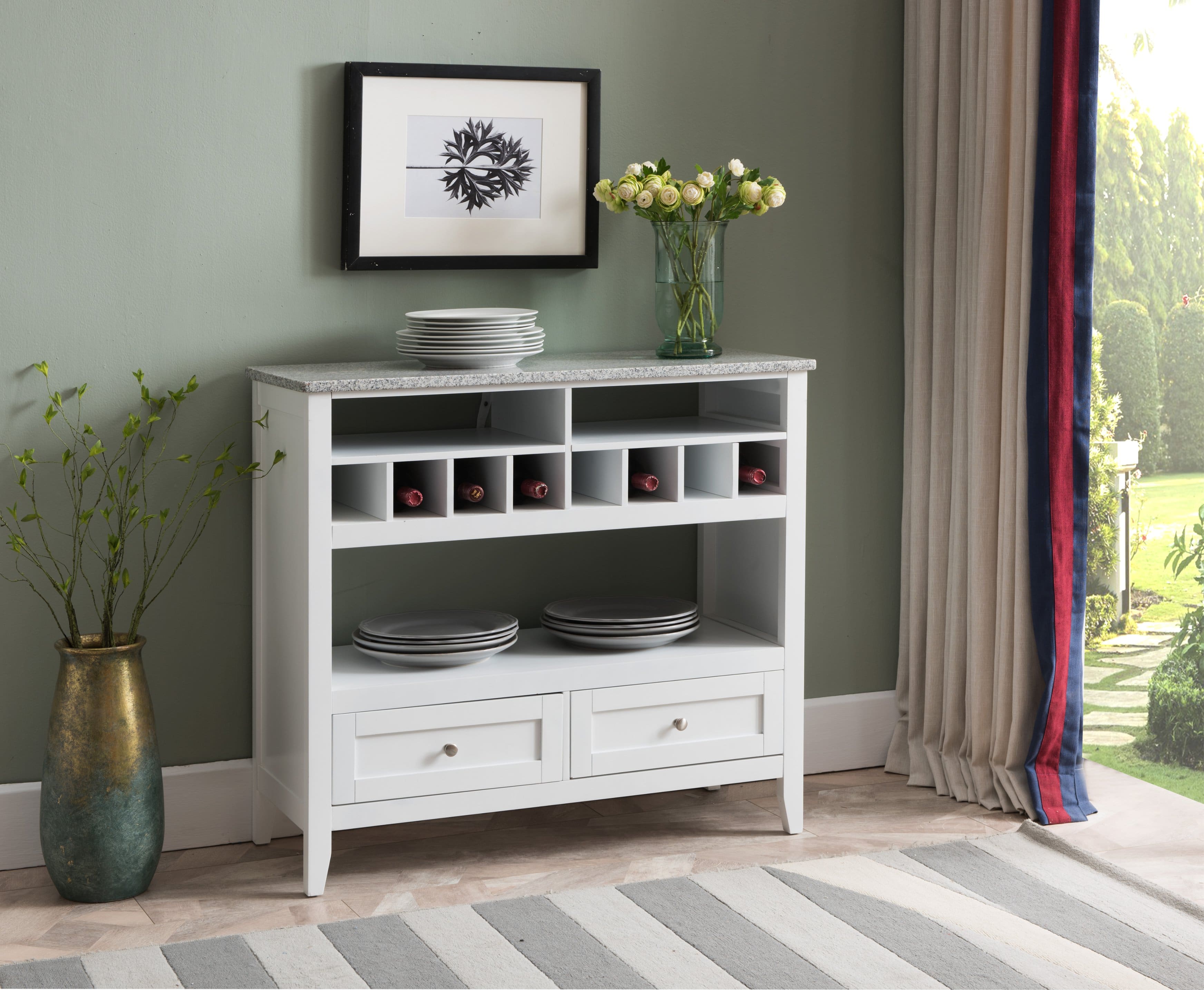 Kings Brand Furniture - With Marble Finish Buffet Display Console Table With Wine Storage - White