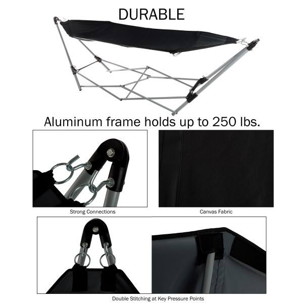 DURABLE

Aluminum frame holds up to 250 lbs.

Strong Connections

Canvas Fabric

Double Stitching at Key Pressure Points