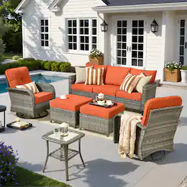 Ovios - 6 PCS Patio Furniture Set, 3 Seat Cushioned Sofa, Swivel Chairs with Ottoman & Side Table - Orange Red
