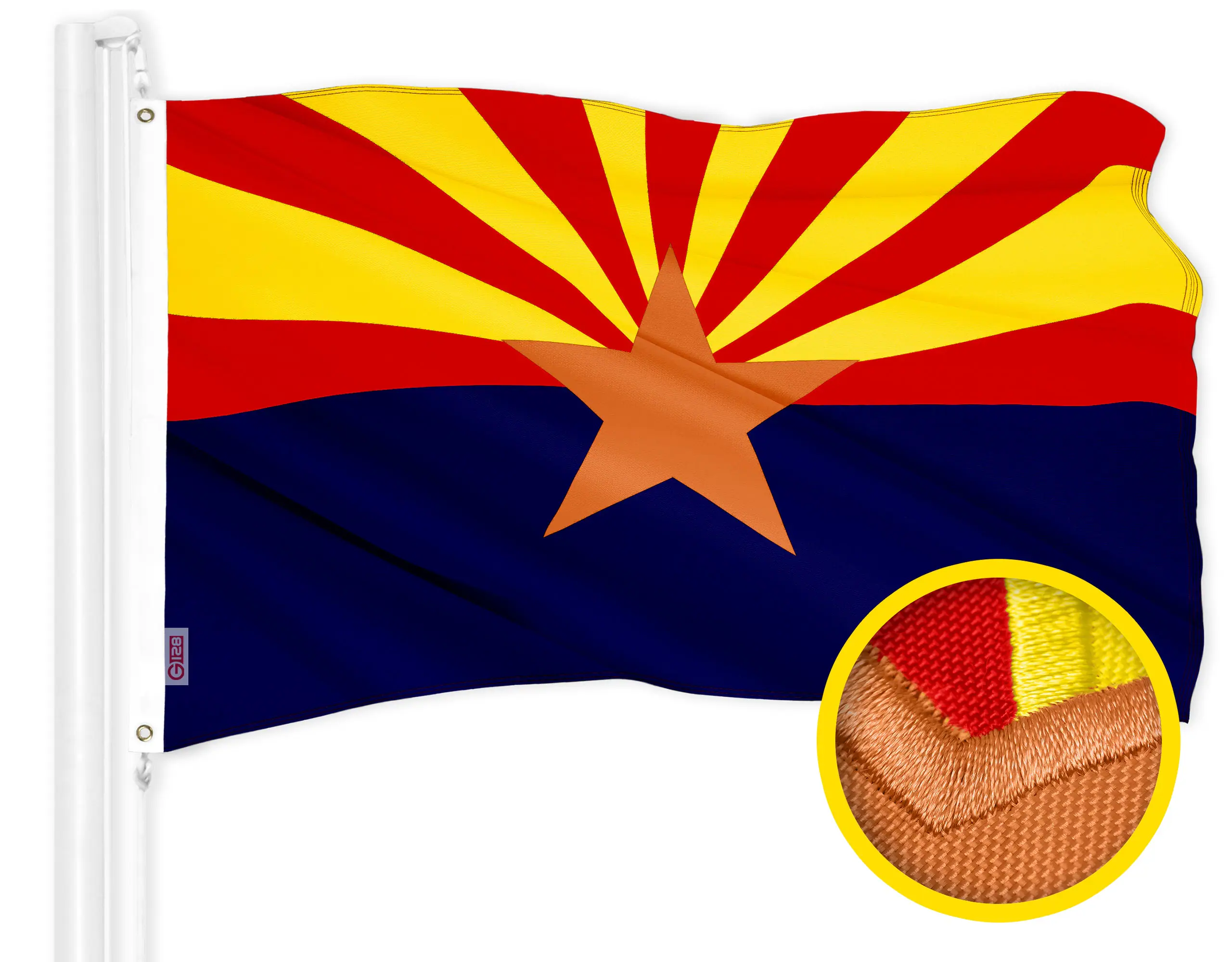 Front. G128 - Arizona State Flag 4 x 6 ft Embroidered 300D Polyester Brass Grommets - Red, Yellow, Blue, Orange.