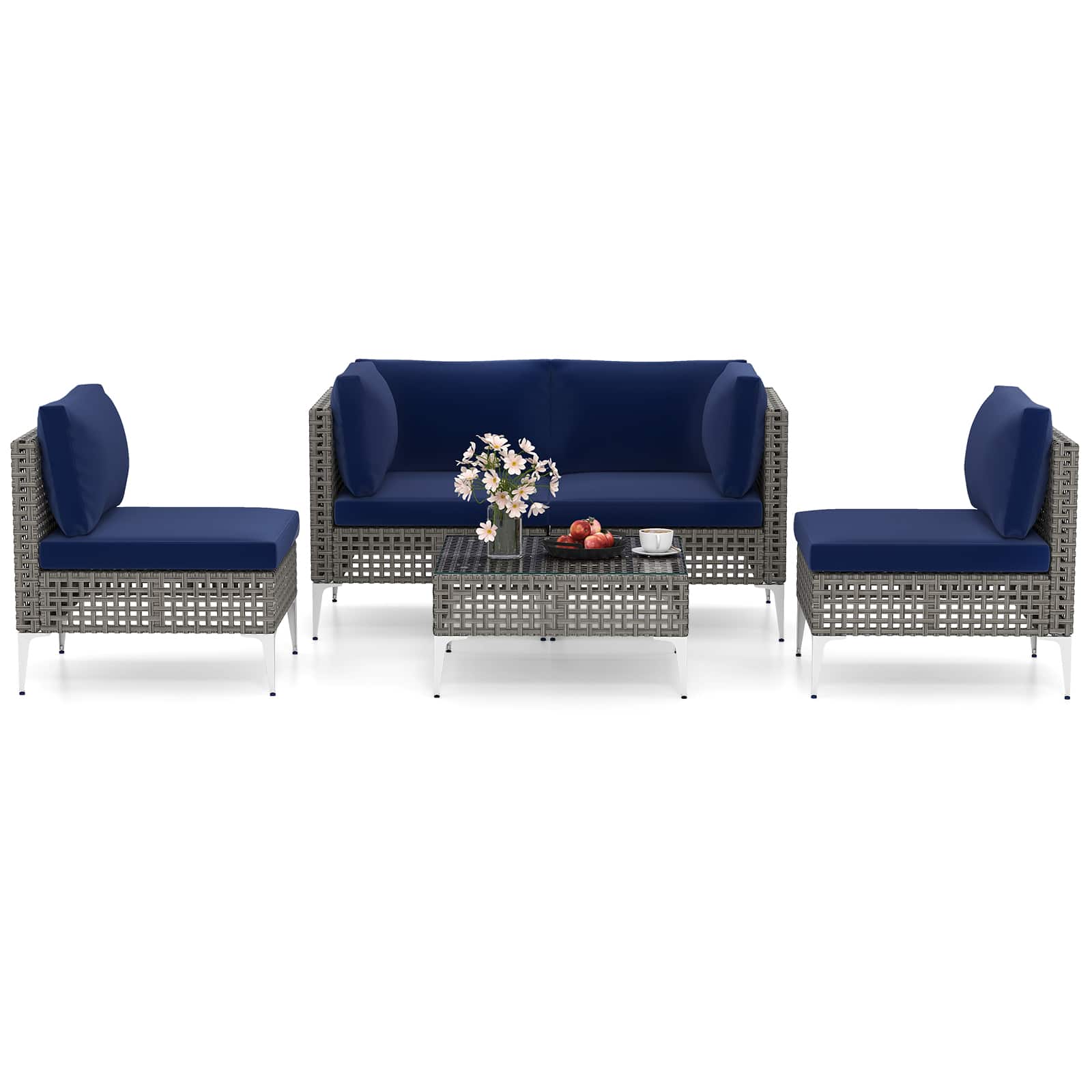 Gymax - Set Of 5 Outdoor Furniture Set w/ Seat & Back Cushions Tempered Glass Coffee Table - Navy, Mix Gray price history on PriceWatchPro