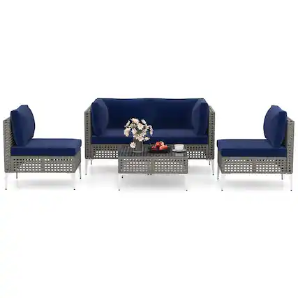 Front. Gymax - Gymax Set Of 5 Outdoor Furniture Set w/ Seat & Back Cushions Tempered Glass Coffee Table - Navy, Mix Gray.