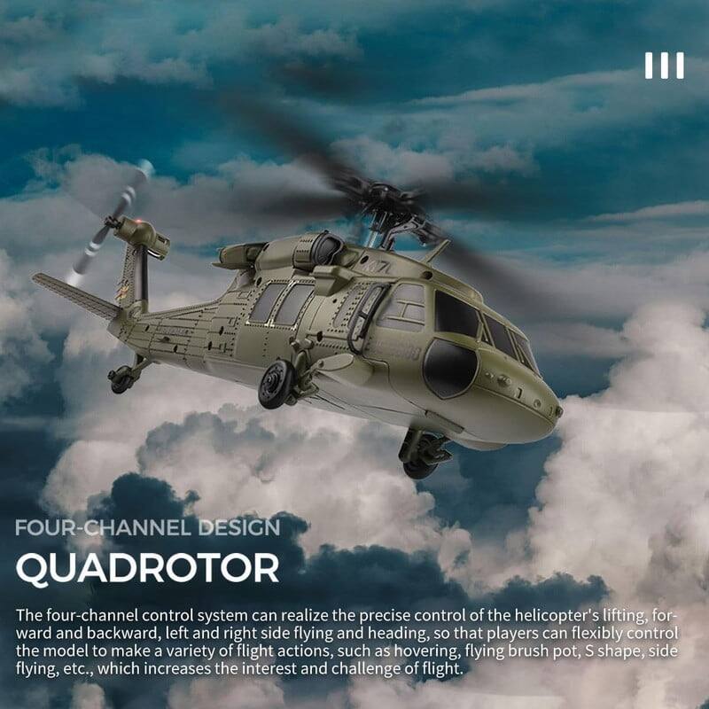FOUR-CHANNEL DESIGN QUADROTOR

The four-channel control system can realize the precise control of the helicopter's lifting, forward and backward, left and right side flying and heading, so that players can flexibly control the model to make a variety of flight actions, such as hovering, flying brush pot, S shape, side flying, etc., which increases the interest and challenge of flight.