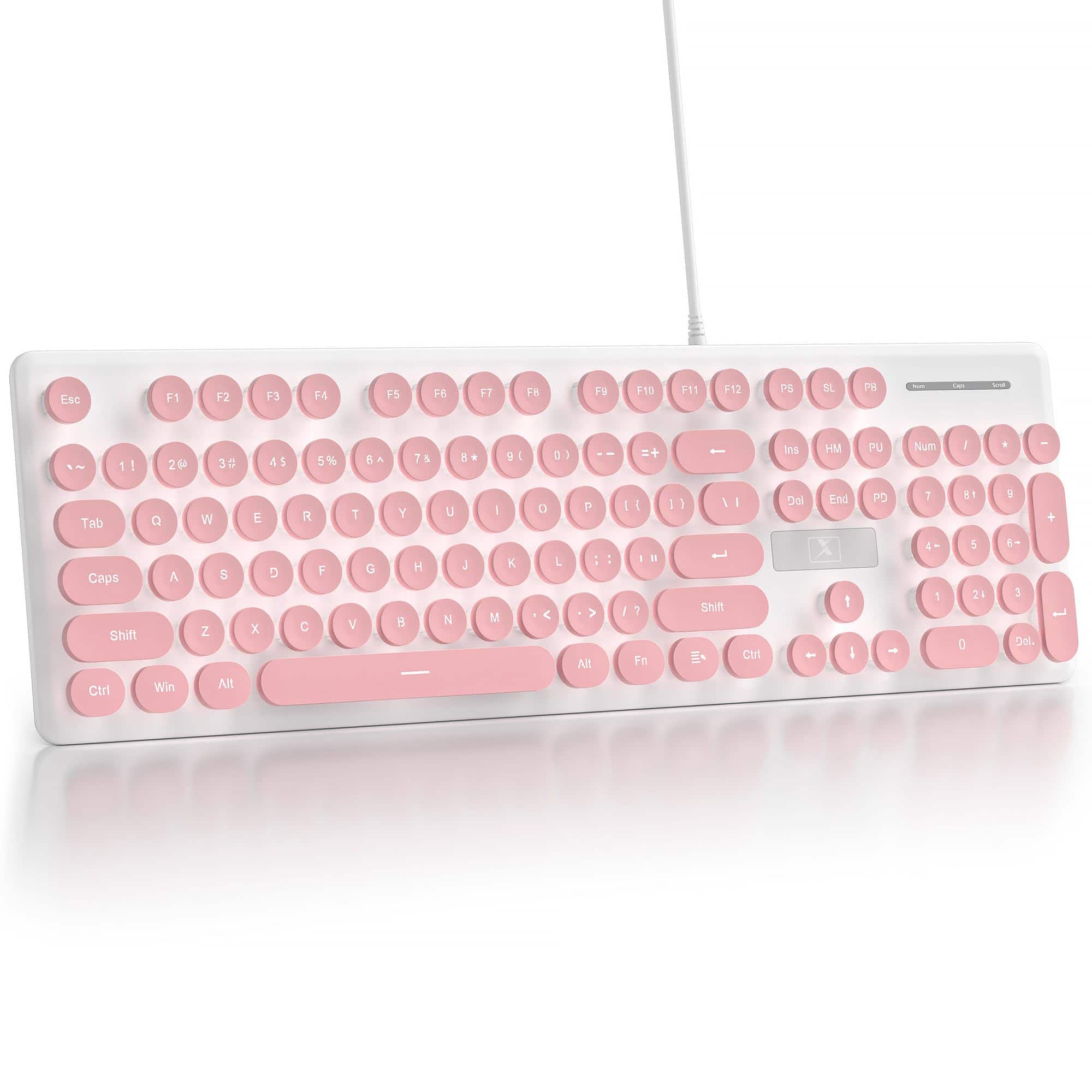 Pacoar Cade - Wired Retro Typewriter Quiet Full Size Membrane Light Up White Cute Computer Keyboards 104 Round Keys Blue Led Backlit - Pink