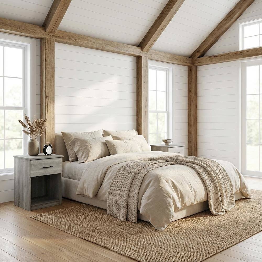 Alt View 3. FurniFact - French Oak Grey Nightstand with Handle - French Oak Grey.