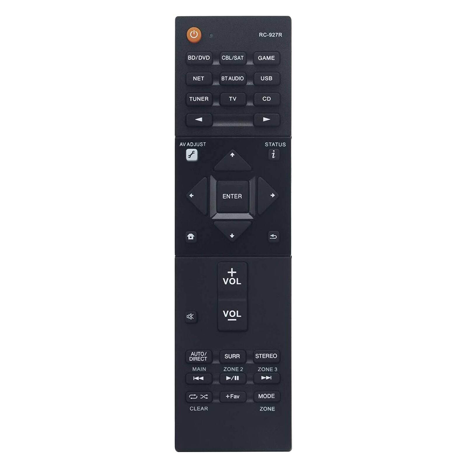 RC-927R

BD/DVD CBL/SAT GAME AUDIO USB TV CD

NET BT AUDIO USB TUNER TV CD

AV ADJUST STATUS

ENTER VOL VOL

AUTO/DIRECT SURROUND STEREO MAIN ZONE 2 ZONE 3

Fav MODE CLEAR ZONE