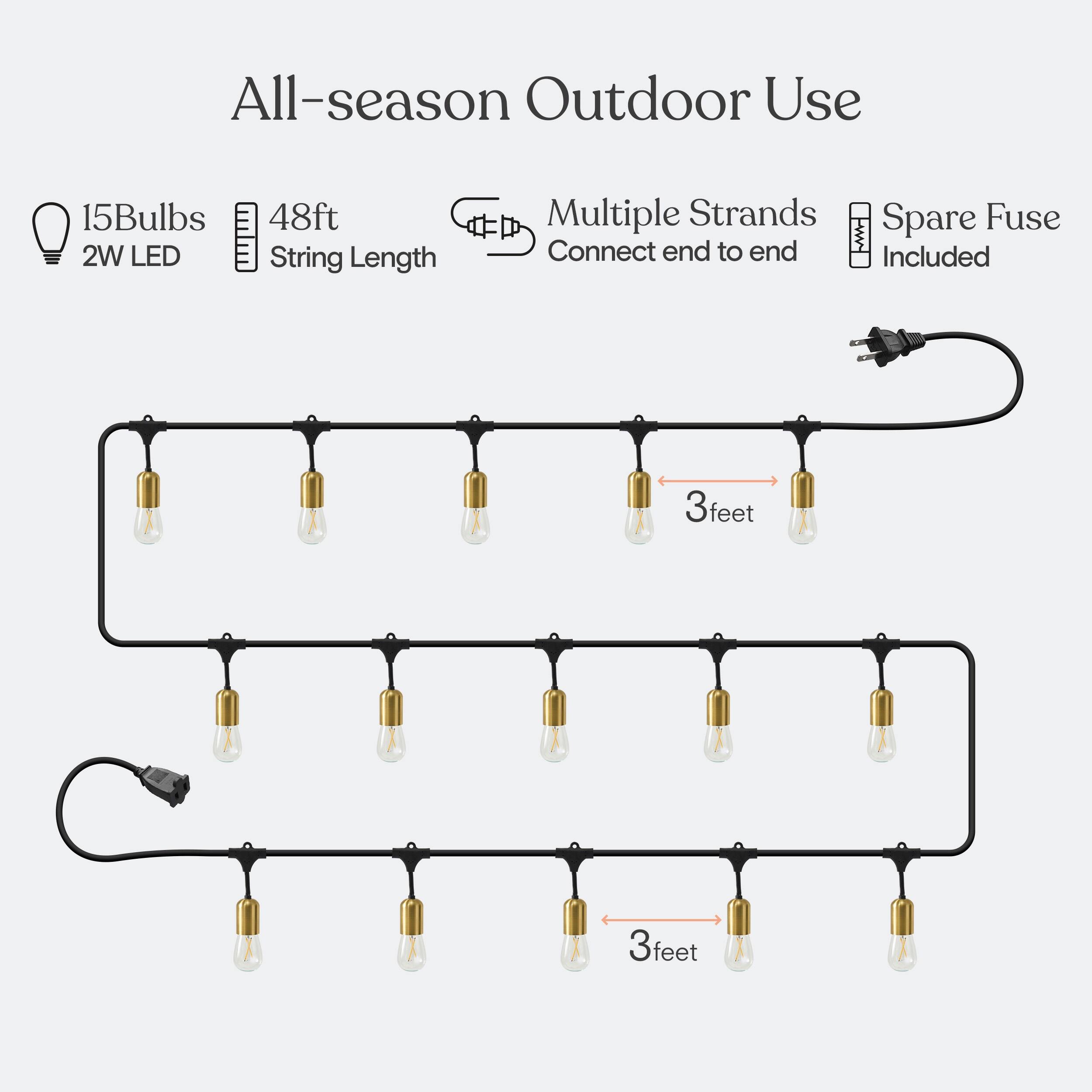 All-season Outdoor Use  
15 Bulbs  
2W LED  
48ft String Length  
Multiple Strands  
Connect end to end  
Spare Fuse Included  
3 feet  
3 feet