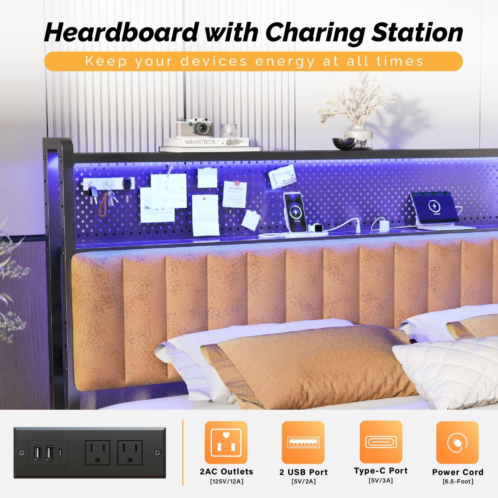 Heardboard with Charging Station  
Keep your devices energy at all times  

ACCELERATION - MAEs + 2AC Outlets [125V/12A]  
2 USB Port [5V/2A]  
Type-C Port [5V/3A]  
Power Cord [6.5-Foot]