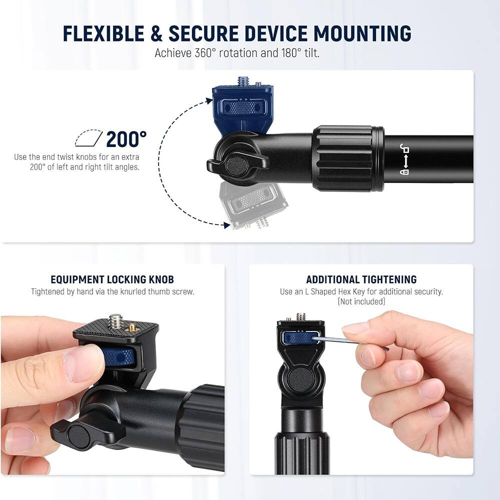 **FLEXIBLE & SECURE DEVICE MOUNTING**

Achieve 360° rotation and 180° tilt.

Use the end twist knobs for an extra 200° of left and right tilt angles.

**EQUIPMENT LOCKING KNOB**

Tightened by hand via the knurled thumb screw.

**ADDITIONAL TIGHTENING**

Use an L Shaped Hex Key for additional security. (Not included)