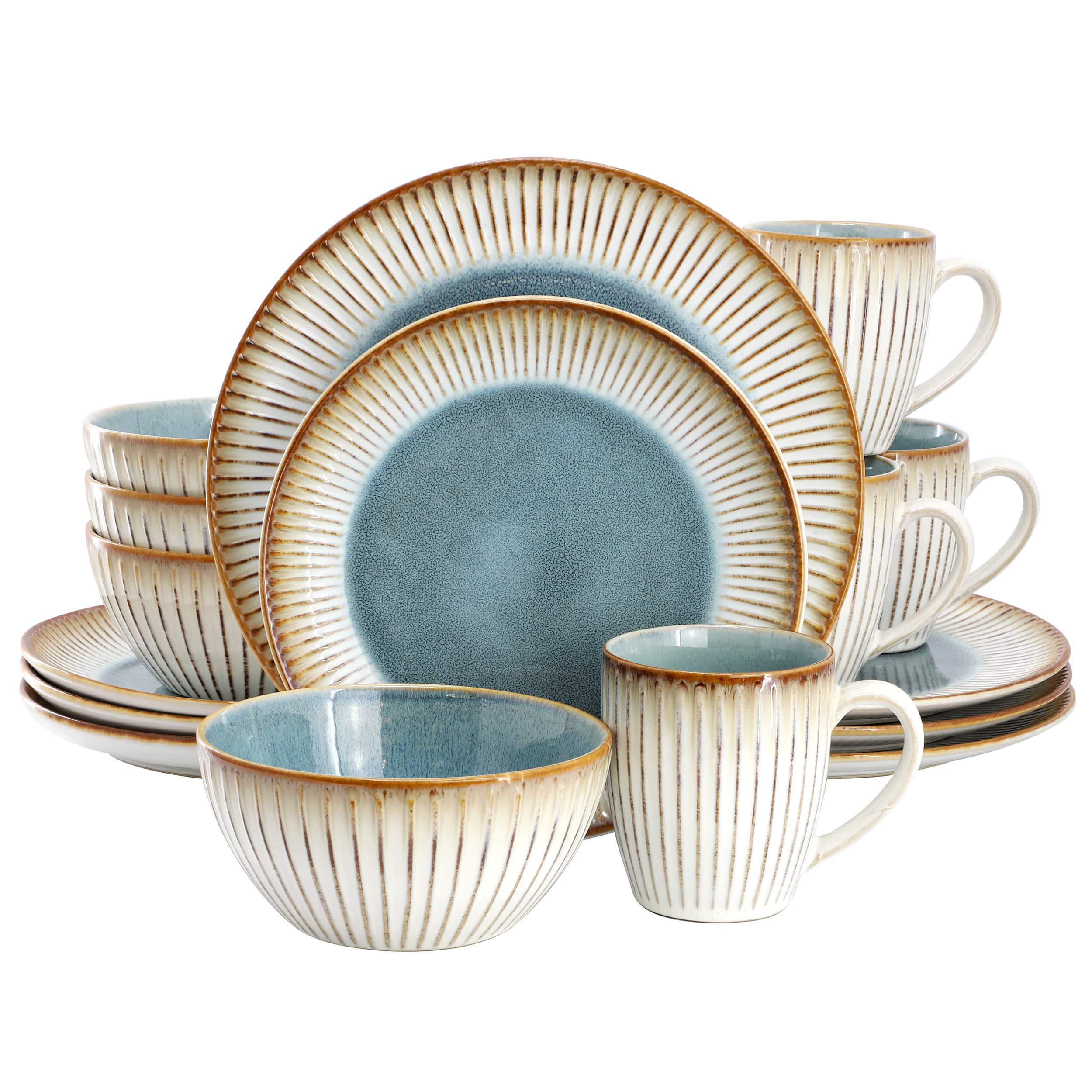 Front. Elama - Elama Louann 16 Piece Stoneware Dinnerware Set in Blue and Beige - Blue and Beige.