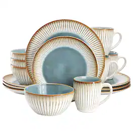 Elama - Louann 16 Piece Stoneware Dinnerware Set - Blue and Beige