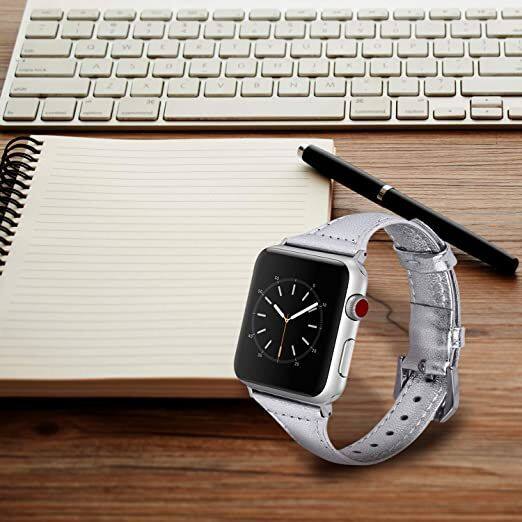 Alt View 1. Worryfree Gadgets - Worryfree Gadgets Genuine Leather Replacement with Apple Watch,  - 42/44/45mm - Silver - Silver.