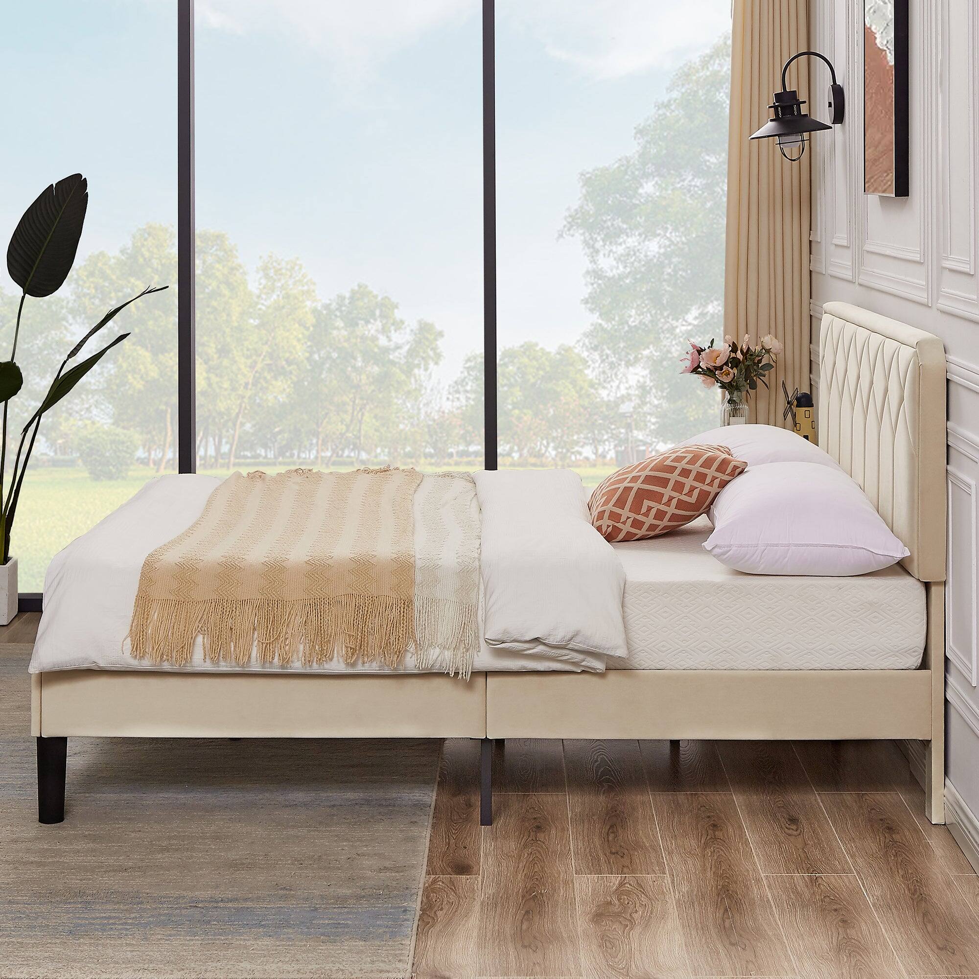 Alt View 1. Vecelo - Queen Size Upholstered Bed With Adjustable Headboard And Underbed Storage - Metal Platform Bed,Quiet Design - Beige.