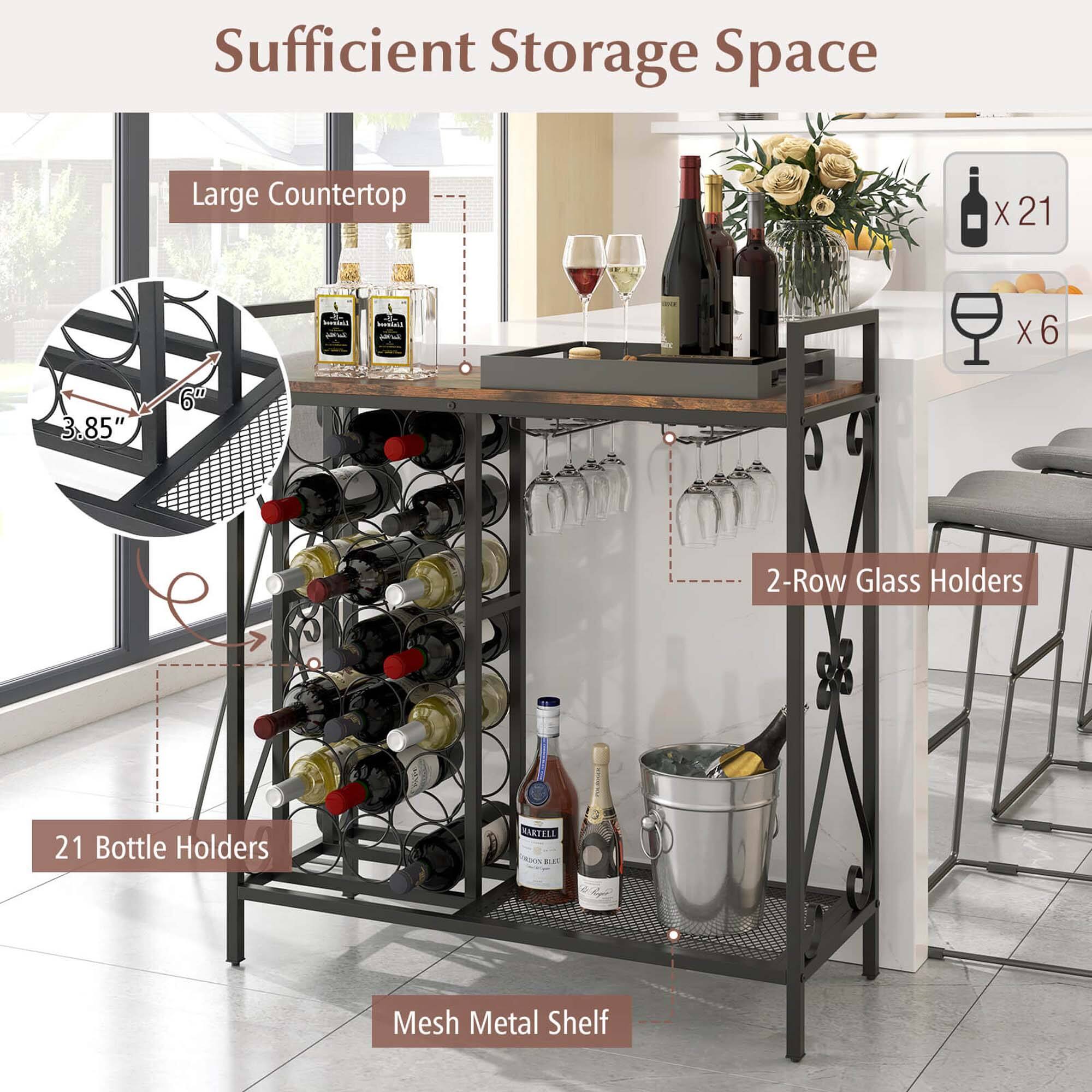 Sufficient Storage Space, Large Countertop, 21 Bottle Holders, 3.85", 6", 2-Row Glass Holders, Mesh Metal Shelf