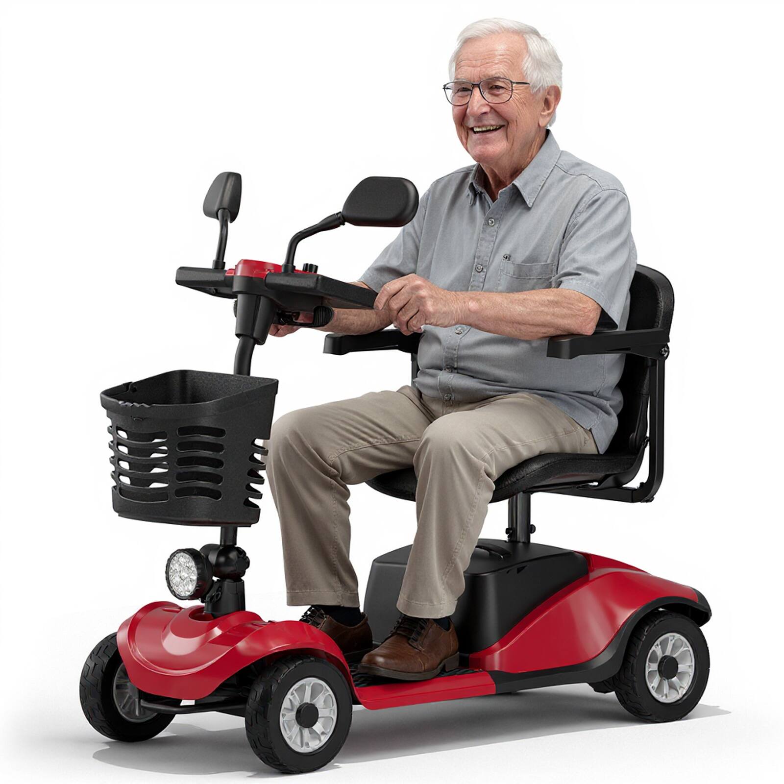 Front. KERDOM - 4 Wheel Powered Mobility Scooter with Shopping Basket & Rearview Mirror, 12 Miles Range, for Seniors Riding - Red.