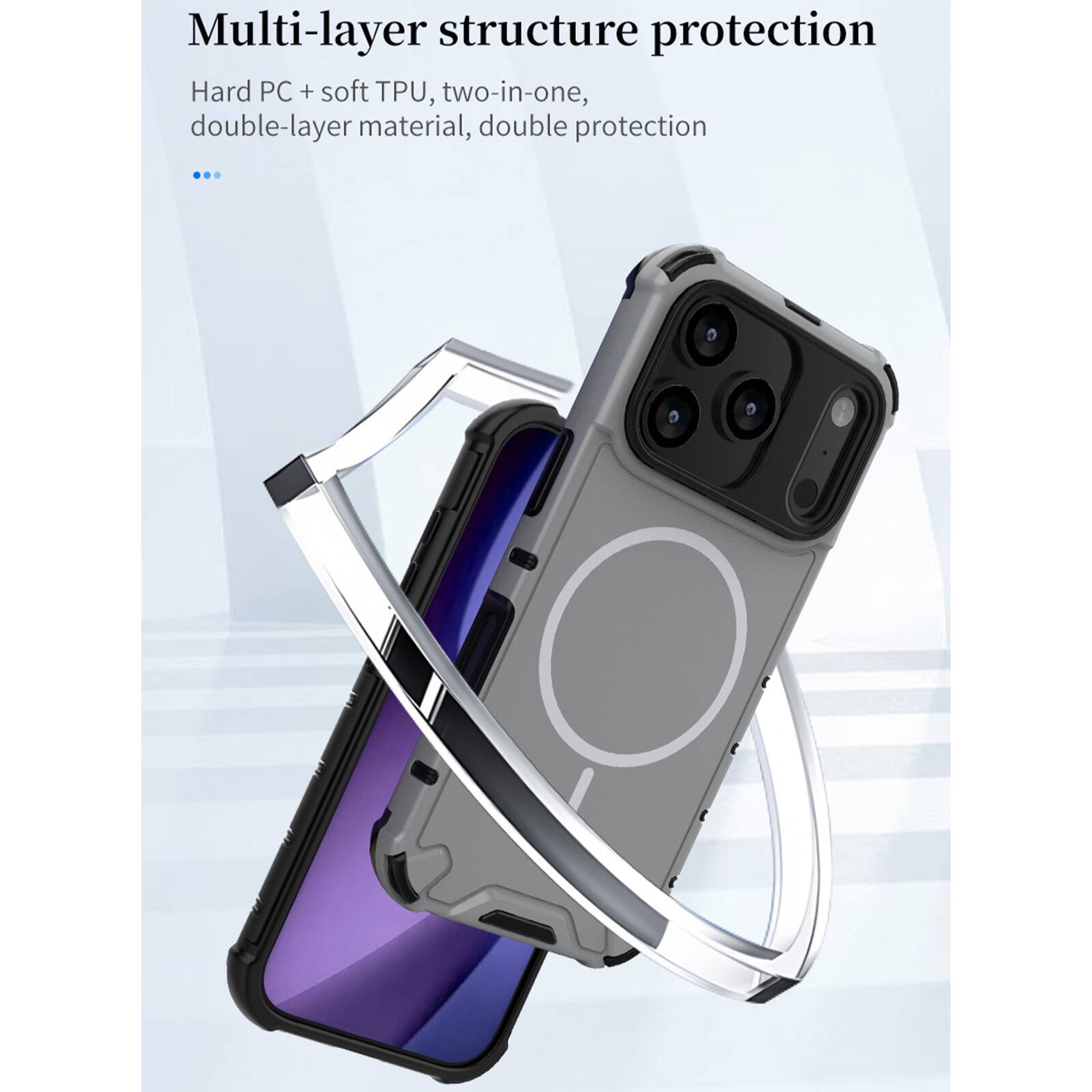 Multi-layer structure protection  
Hard PC + soft TPU, two-in-one, double-layer material, double protection
