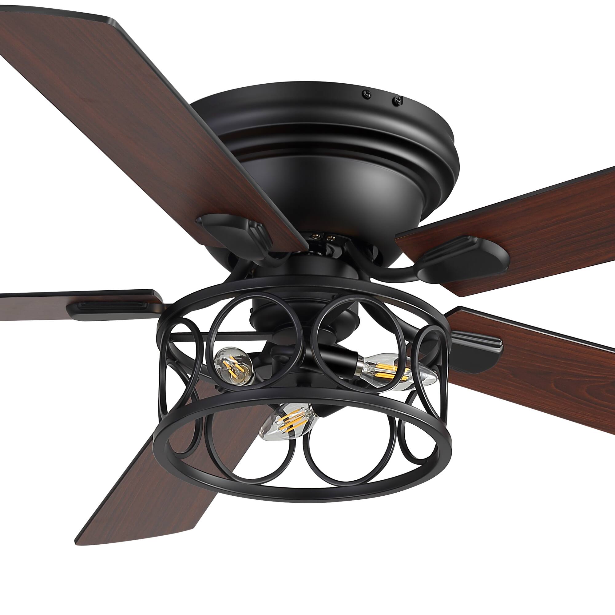 Alt View 8. Breezary - 52 Inch Surface Mounted Ceiling Fan with Caged Light, E12 Bulbs, DC Motor, 6-Speed Remote, Timer - Black & Walnut.