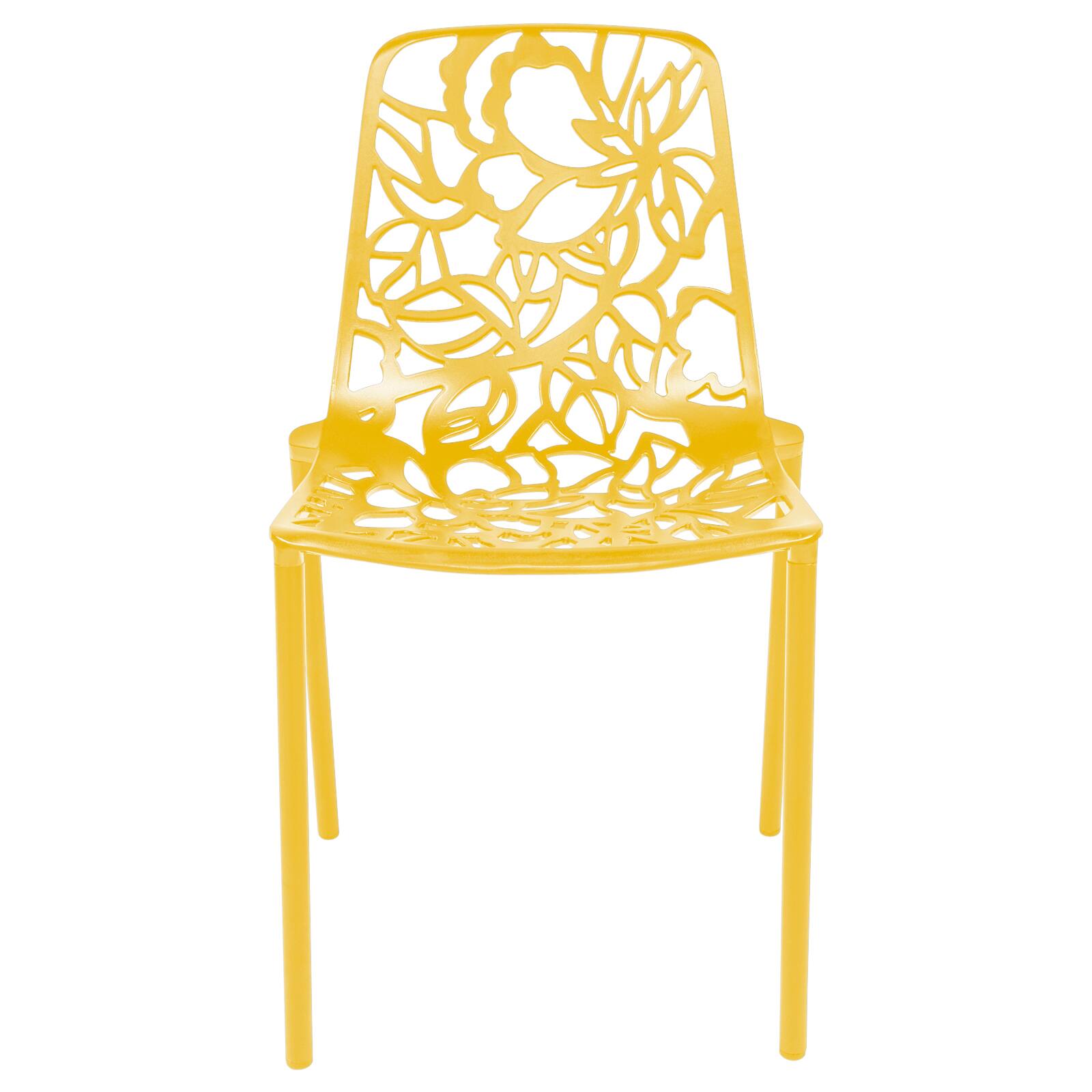 Alt View 4. LeisureMod - Devon Stackable Aluminum Dining Chair, Modern Floral Cutout Indoor/Outdoor Patio Chair - Fully Assembled - Yellow.