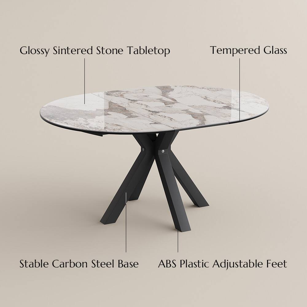 Glossy Sintered Stone Tabletop  
Tempered Glass  
Stable Carbon Steel Base  
ABS Plastic Adjustable Feet
