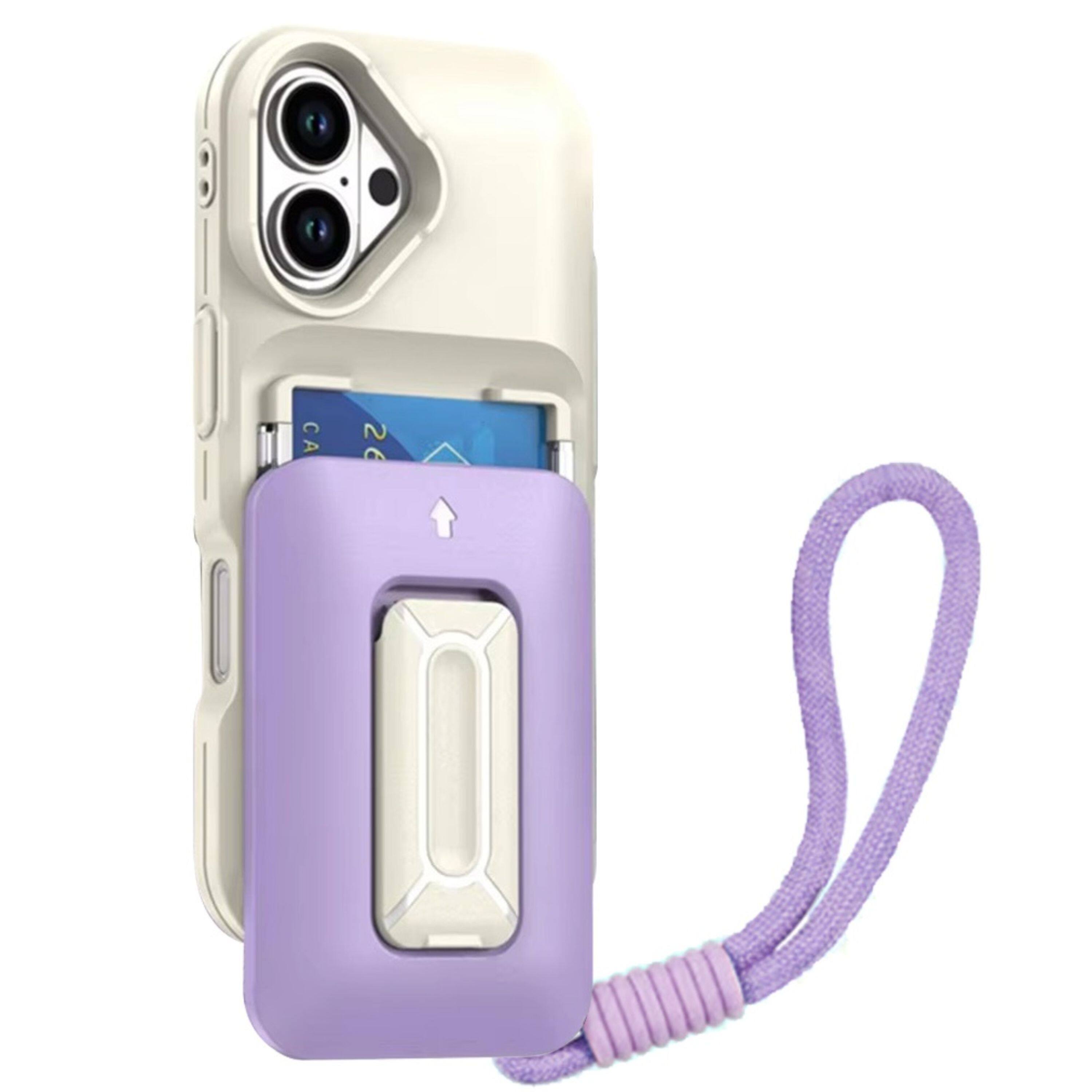 Angle. Kitcheniva - Card Holder With Kickstand And Strap Plus Tempered Glass For iPhone 17 Beige/Light Purple - Beige/Light Purple.
