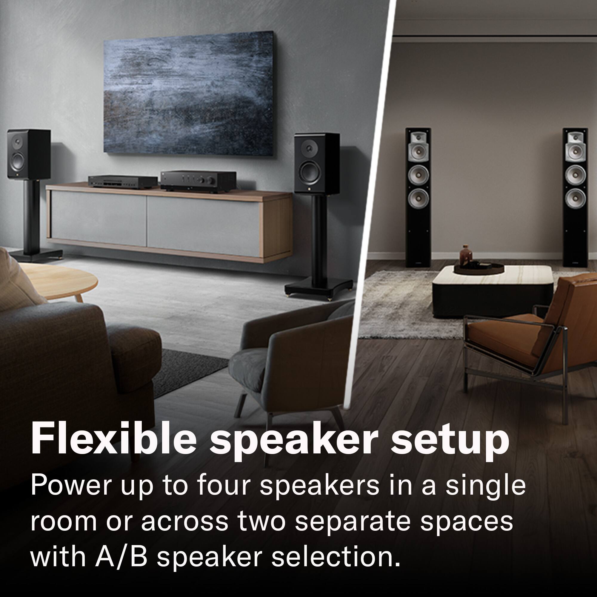 Flexible speaker setup  
Power up to four speakers in a single room or across two separate spaces with A/B speaker selection.