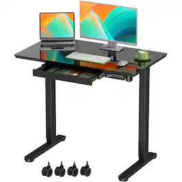 Hirose Alice - Glass Standing Desk with Drawer, 35×nch Whole Piece Height Adjustable Rising Desk, Electric Sit Stand Desk - Black