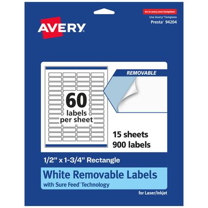 Go to avery.com/templates
AVERY
Use Avery Template Presta® 94204
60 labels per sheet
15 sheets
900 labels
1/2" x 1-3/4" Rectangle
White Removable Labels with Sure Feed® Technology for Laser/Inkjet