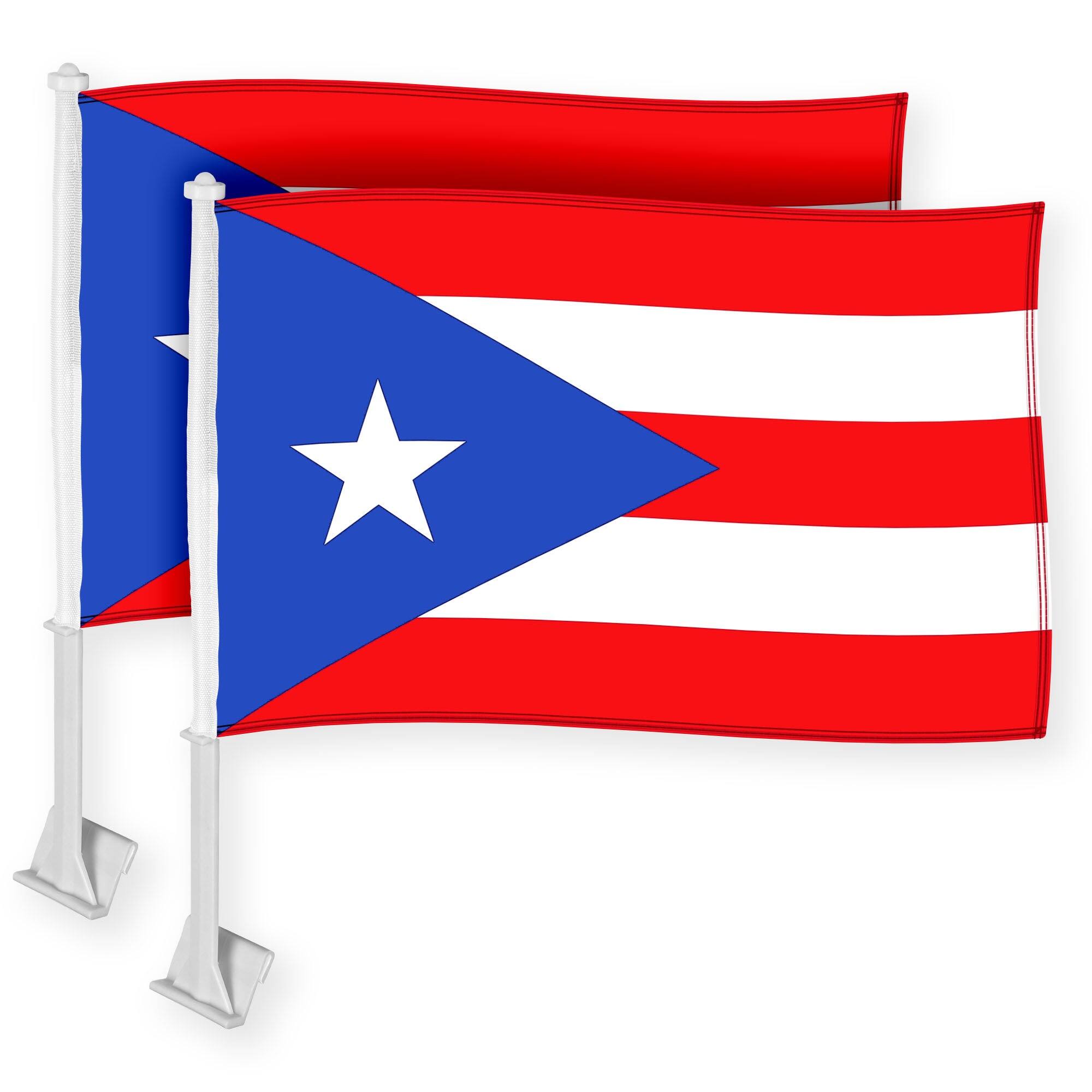 Front. G128 - 2-Pack Puerto Rico Car Flags 11 x 17 in, Double-Sided 150D Polyester with Pole & Window Clip. - Red, Blue, White.