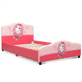 Costway - Kids Children Upholstered Platform Toddler Bed Bedroom Furniture Girl Pattern - Pink
