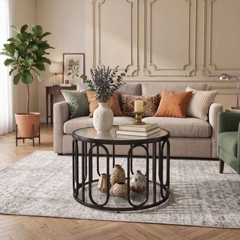 Angle. WELLFOR - 24" Round Coffee Table with Tempered Glass Top and Oval Swivel Brackets, Modern Center Table Cocktail Tea Table - Black.