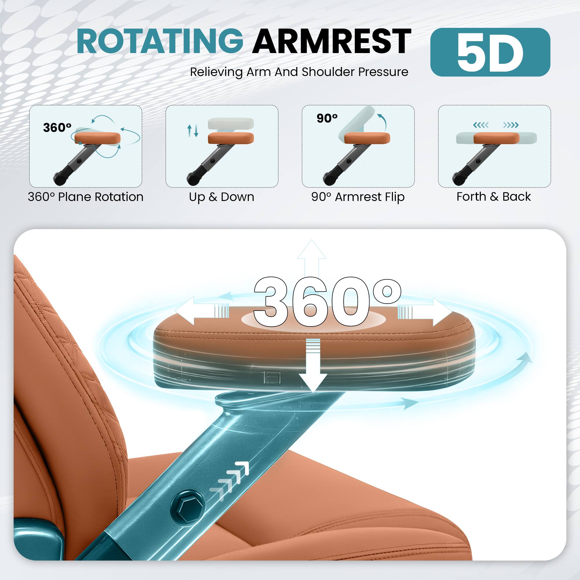 ROTATING ARMREST  
5D  
Relieving Arm And Shoulder Pressure  

- 360° Plane Rotation  
- Up & Down  
- 90° Armrest Flip  
- Forth & Back  
- 360°