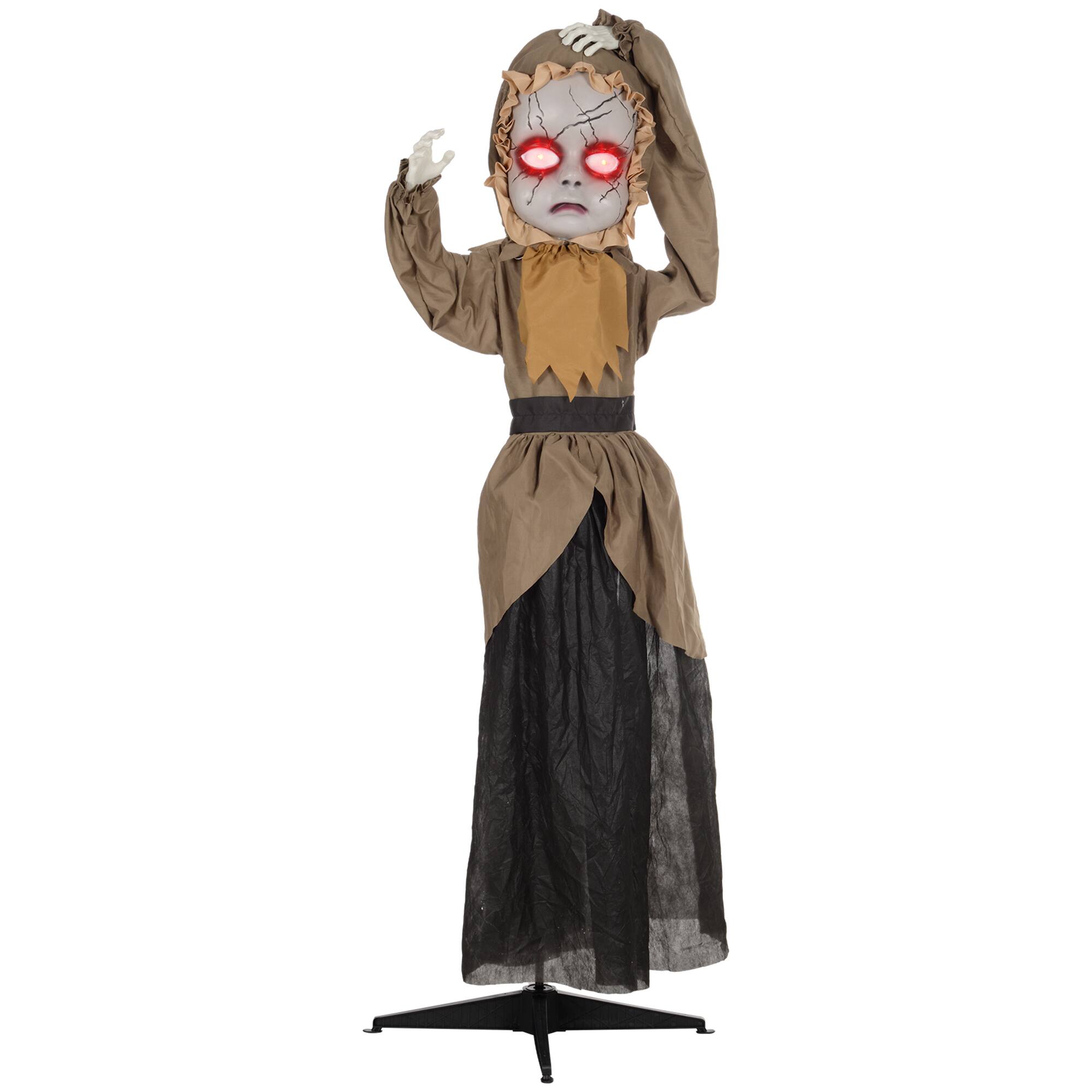 Front. Homcom - 5.2' Outdoor Halloween Decoration Animatronic Doll with Simulated Wound Cracks, Animated Prop with Light Up Eyes, Sound - Khaki and Black.