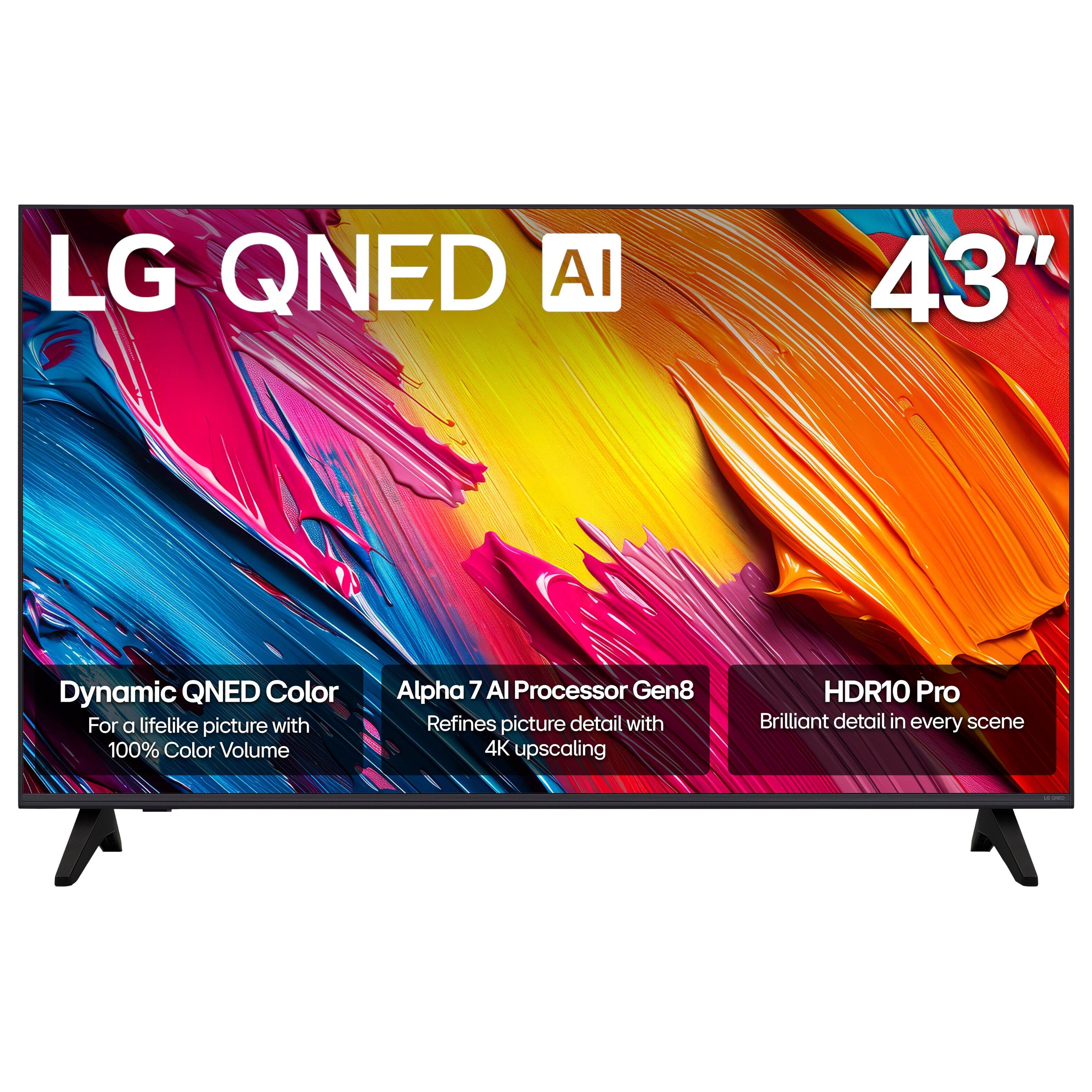 LG QNED AI  
43"  

Dynamic QNED Color  
For a lifelike picture with 100% Color Volume  

Alpha 7 AI Processor Gen8  
Refines picture detail with 4K upscaling  

HDR10 Pro  
Brilliant detail in every scene